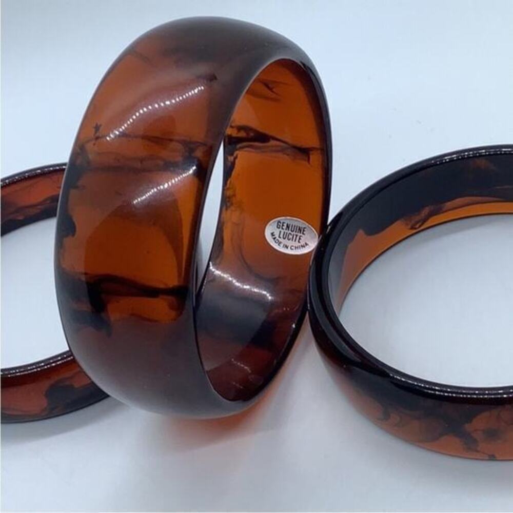 Vintage Set of 3 Large Wide Tortoise Shell Genuine Lucite Bangle Bracelets NEW